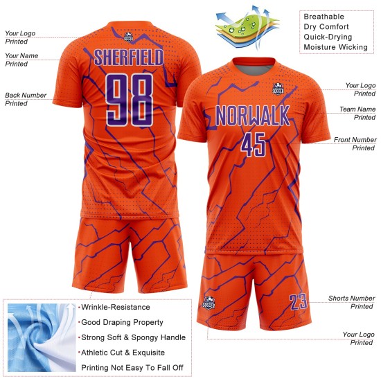 Sports Custom Sublimation Soccer Uniform Lightning Jersey Orange Purple-White
