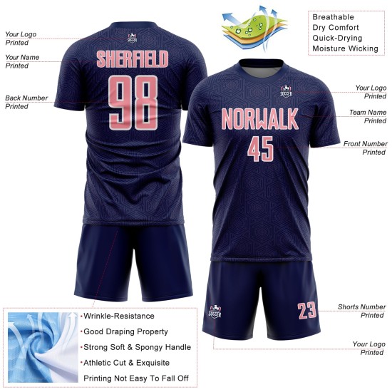Sports Pink-White Geometric Soccer Sublimation Jersey Custom Medium Uniform Navy Shape Sports Pink-White Geometric Soccer Sublimation Jersey Custom Medium Uniform Navy Shape