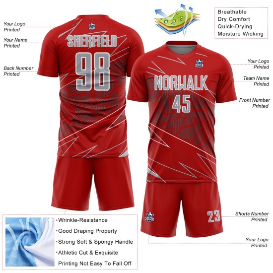 Jersey Uniform Sublimation Soccer Lines Red Custom Sports Gray-White
